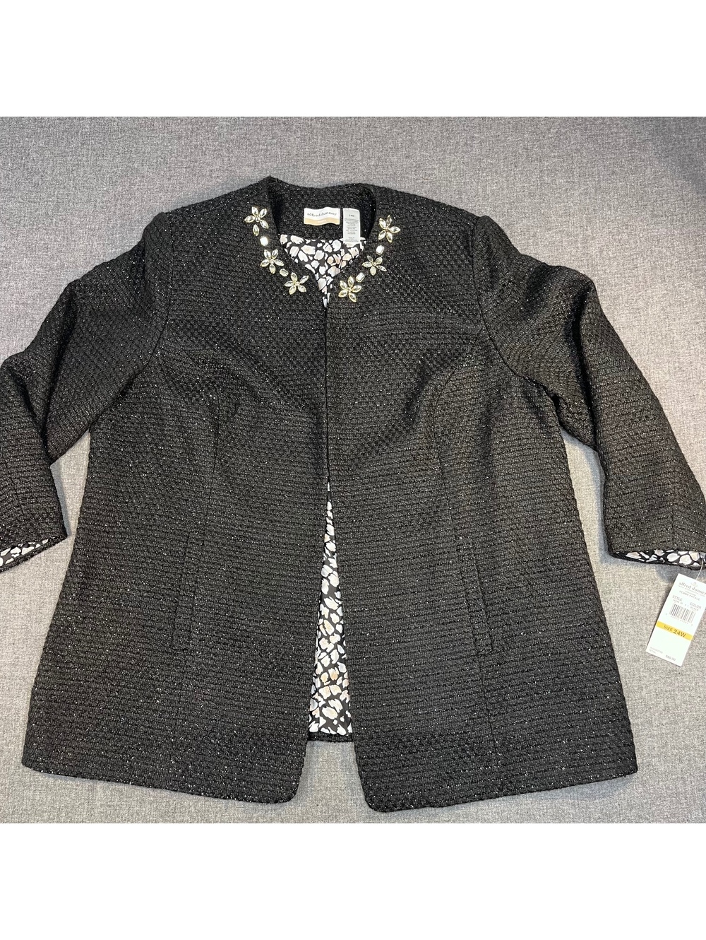 NWT Alfred Dunner Women' Black Metallic Blazer Fully Lined Open Front Sz 24